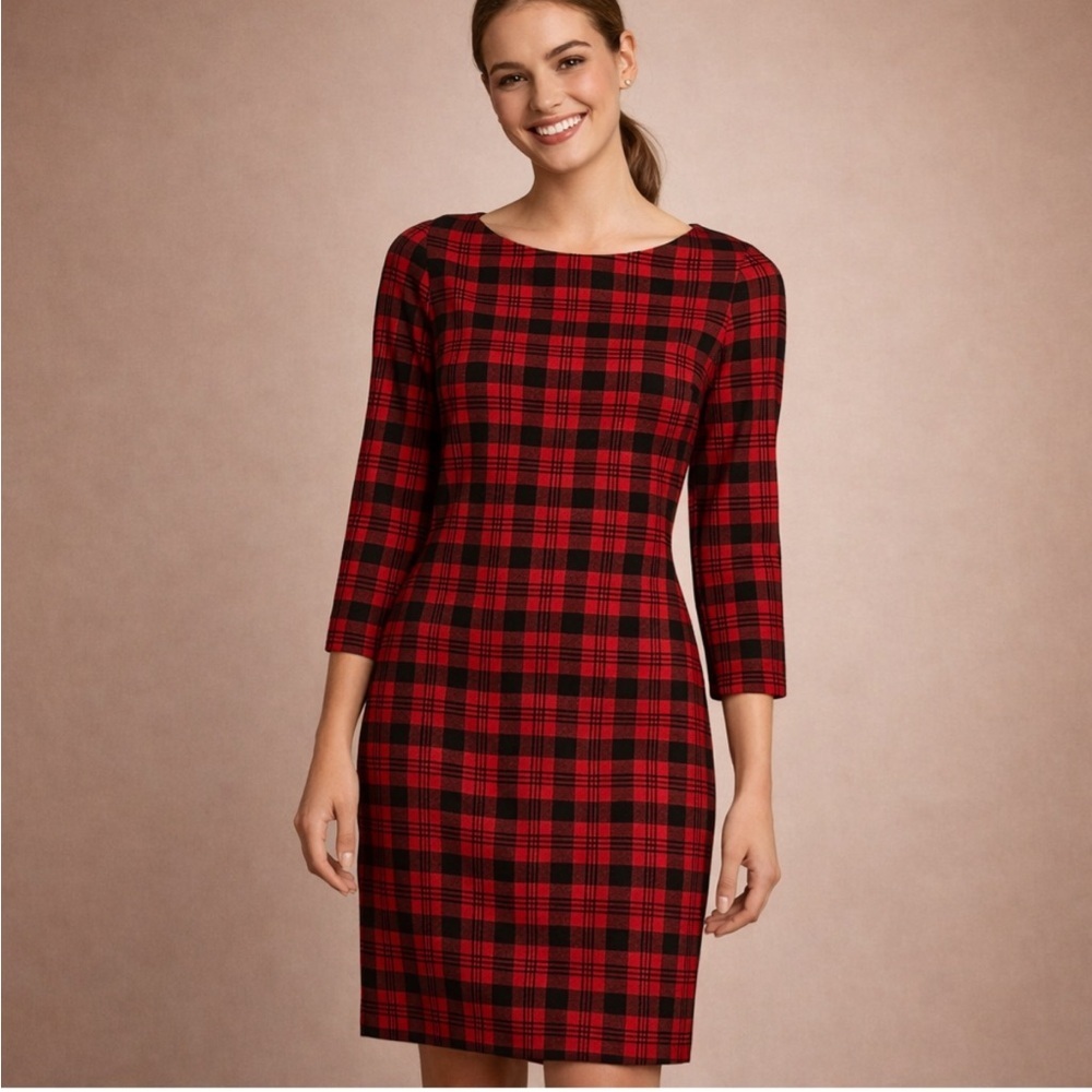 Talbots Red Black Plaid Dress 3/4 Sleeve Classic Holiday Dress Size M